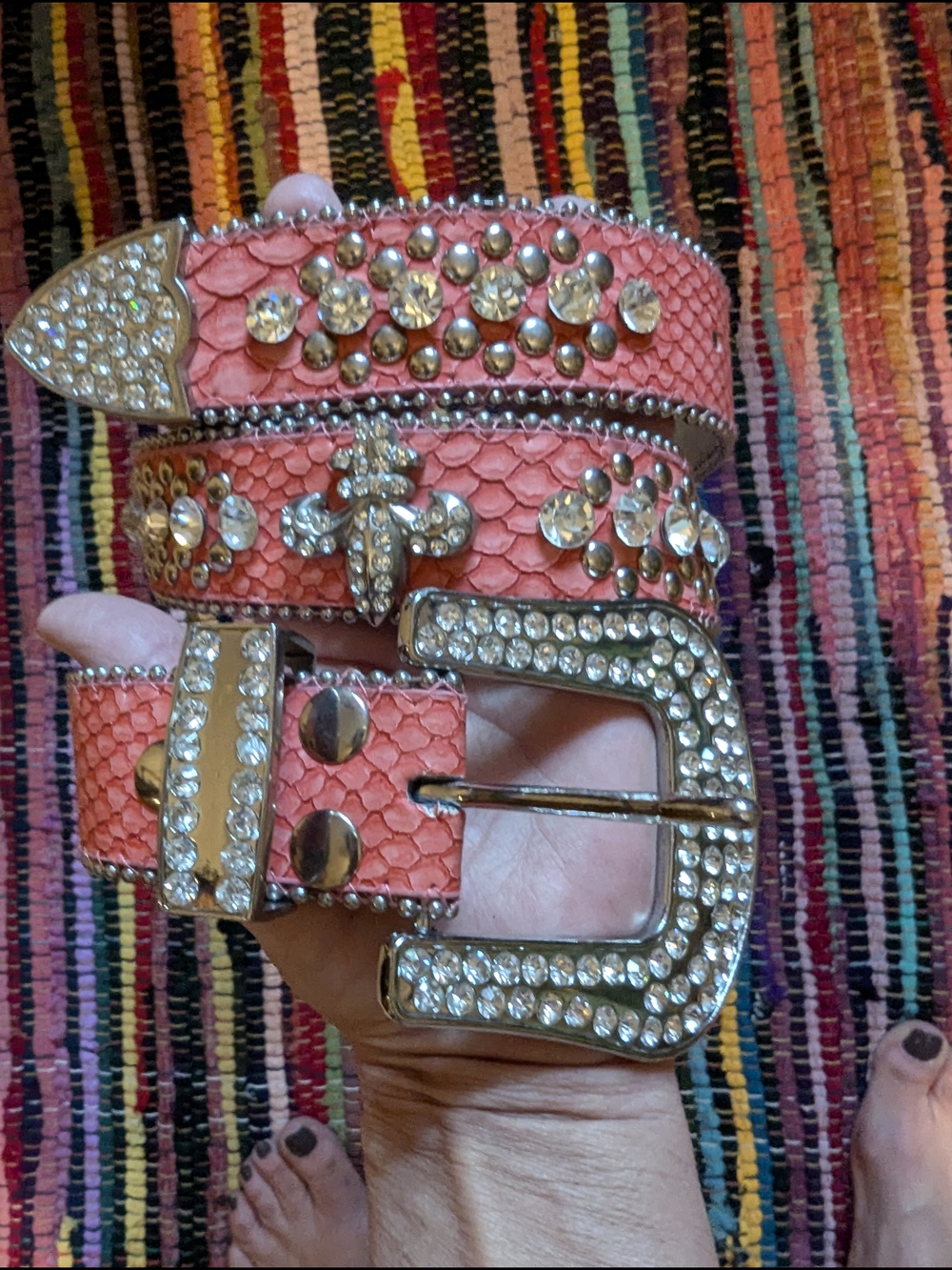 Buckle Coral Pink Rhinestone-Studded Satchel Belt